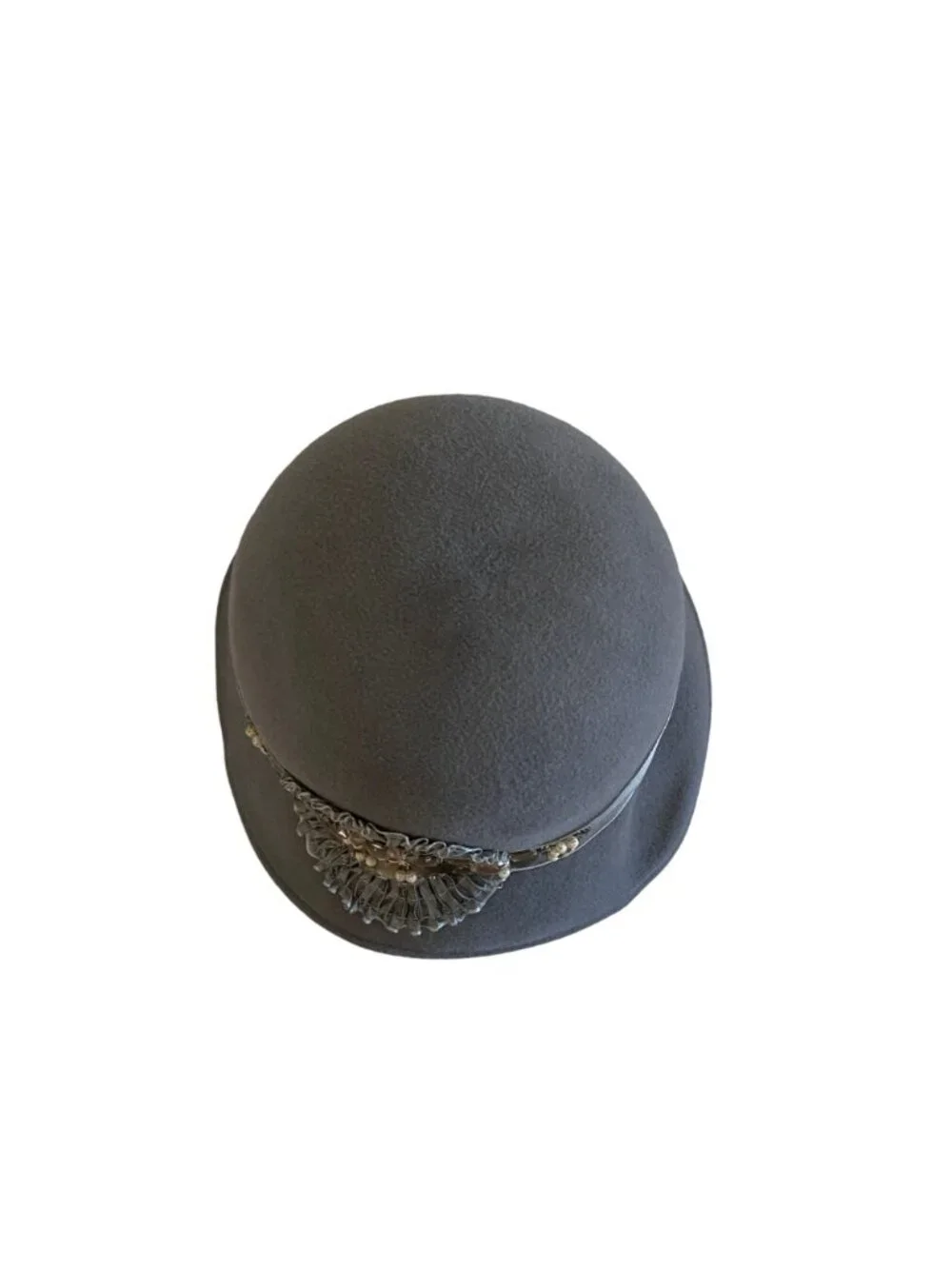 Louise Green Beaded Gray Felt Cloche Hat With Satin Band & Embellished Detailing